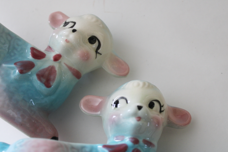 photo of USA pottery baby planters, twins pink & blue lambs mid century mod vintage Easter spring decor  #6