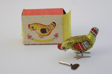 catalog photo of USSR vintage tin toy, working wind up pecking chicken little red hen in original box