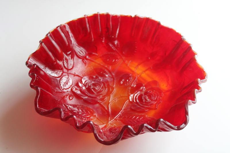 photo of UV glow cadmium red orange slag glass, large rose bowl vintage Imperial glass  #1