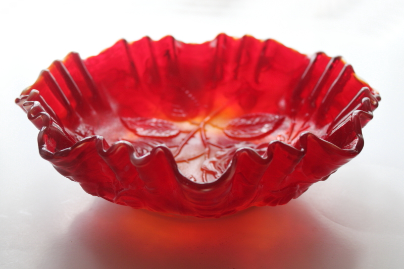 photo of UV glow cadmium red orange slag glass, large rose bowl vintage Imperial glass  #7