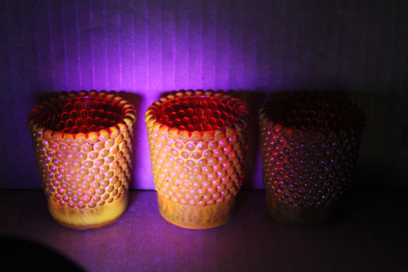 photo of UV glow cadmium ruby red hobnail glass votive or tea light candle holders trio set  #1