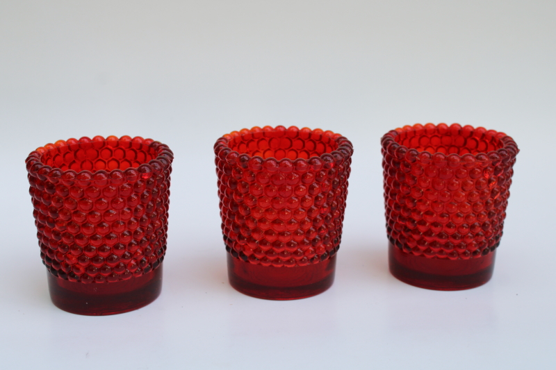photo of UV glow cadmium ruby red hobnail glass votive or tea light candle holders trio set  #2