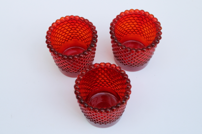 photo of UV glow cadmium ruby red hobnail glass votive or tea light candle holders trio set  #3