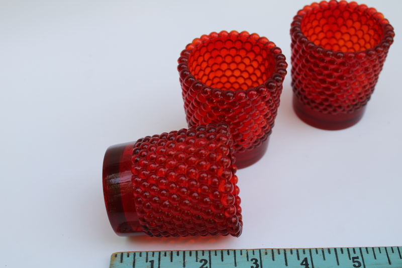 photo of UV glow cadmium ruby red hobnail glass votive or tea light candle holders trio set  #4