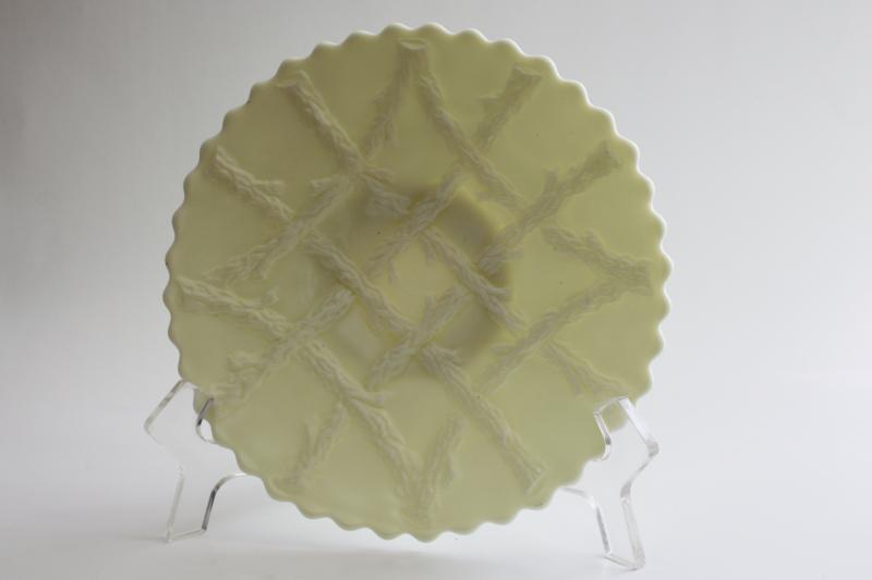 photo of UV glow vintage custard glass plate, LG Wright mark Northwood grapevine lattice pattern #1