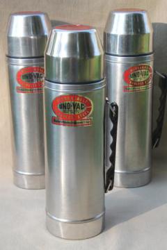 catalog photo of Uno-Vac vacuum bottle lot, new old stock stainless steel unbreakable thermos bottles