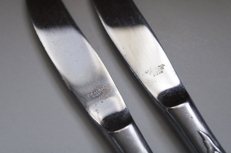 photo of Utica Cutco vintage stainless flatware, embossed leaves pattern table knives tea spoons #3