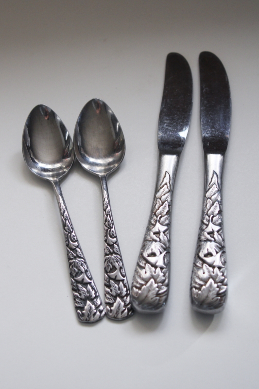 photo of Utica Cutco vintage stainless flatware, embossed leaves pattern table knives tea spoons #5