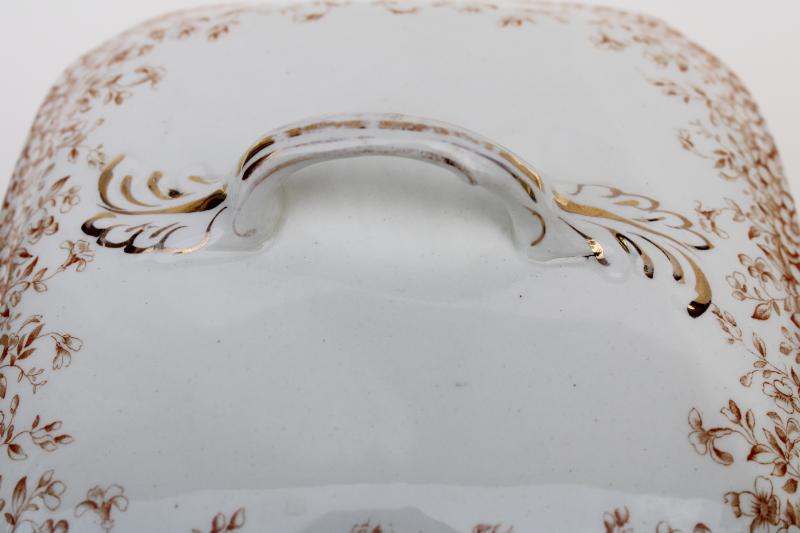 photo of Utopian antique vintage transferware china serving dish, sepia brown floral Staffordshire  #8