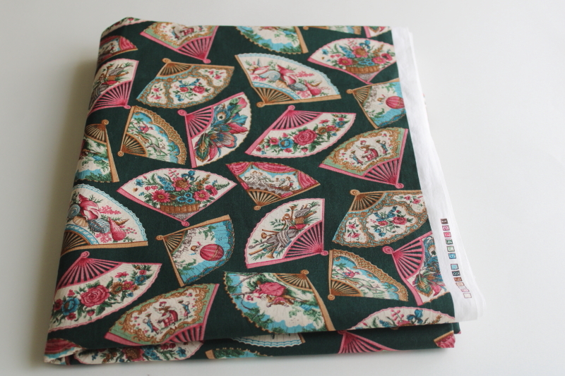 photo of VIP Cranston Print Works cotton fabric, Oriental fans pink and ivory on dark green  #1