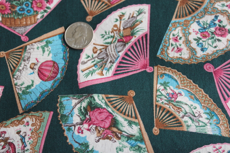 photo of VIP Cranston Print Works cotton fabric, Oriental fans pink and ivory on dark green  #2