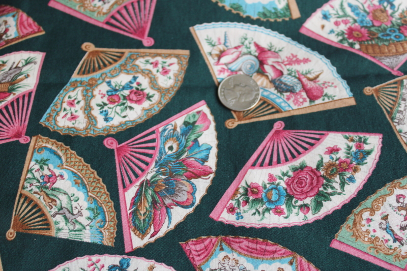 photo of VIP Cranston Print Works cotton fabric, Oriental fans pink and ivory on dark green  #3