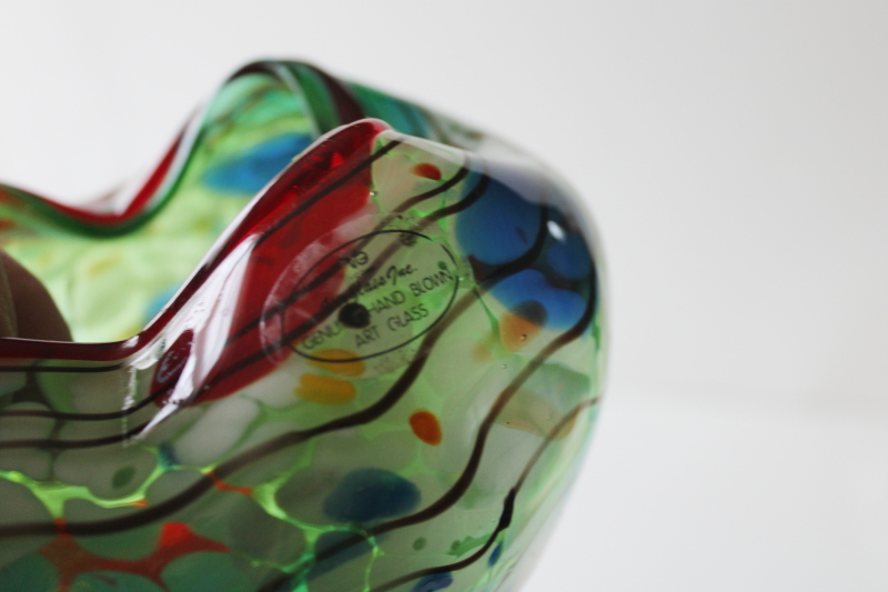 photo of VIZ label hand blown art glass bowl, mod pinch shape multi colored confetti dots #2