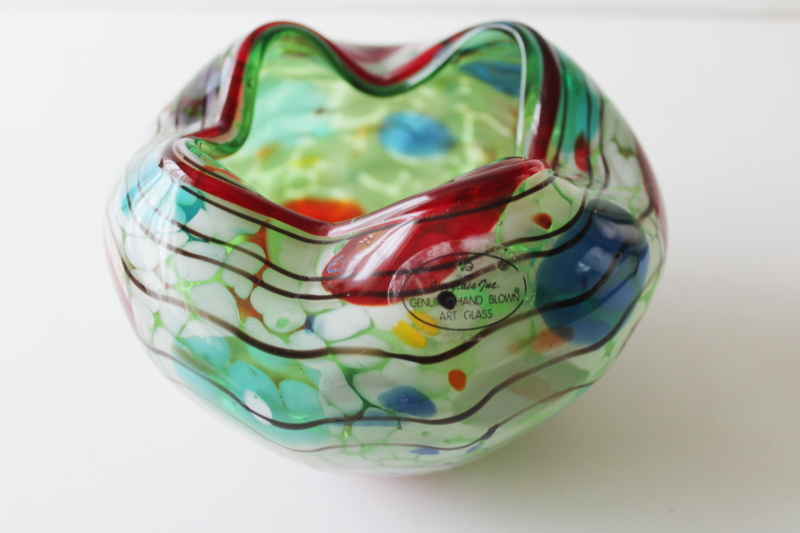 photo of VIZ label hand blown art glass bowl, mod pinch shape multi colored confetti dots #4