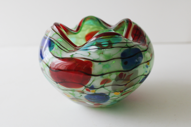 photo of VIZ label hand blown art glass bowl, mod pinch shape multi colored confetti dots #5