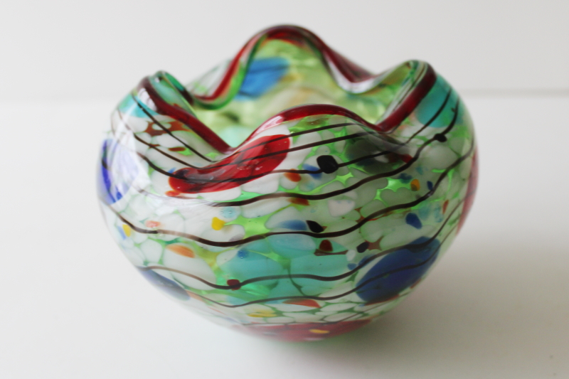 photo of VIZ label hand blown art glass bowl, mod pinch shape multi colored confetti dots #6