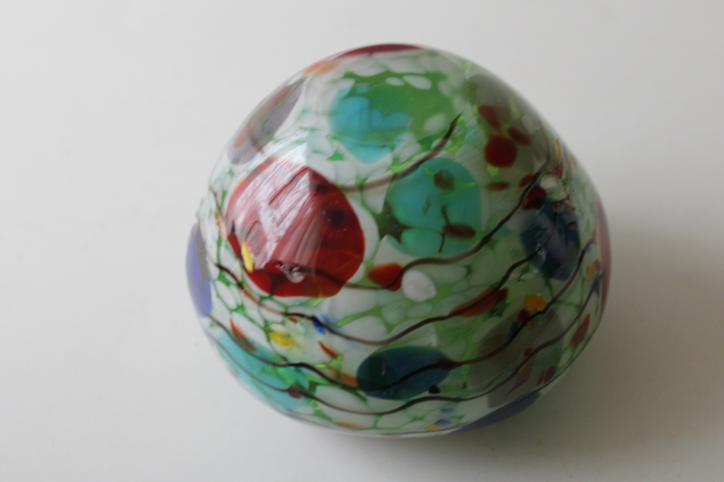 photo of VIZ label hand blown art glass bowl, mod pinch shape multi colored confetti dots #7