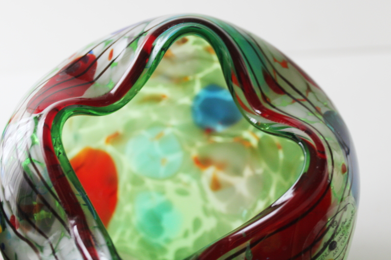 photo of VIZ label hand blown art glass bowl, mod pinch shape multi colored confetti dots #10