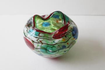 catalog photo of VIZ label hand blown art glass bowl, mod pinch shape multi colored confetti dots