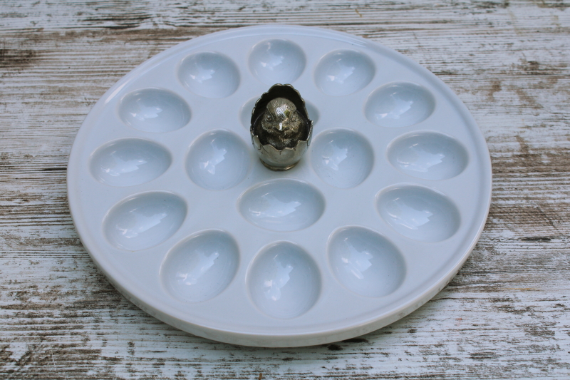 photo of Vagabond House white china egg plate w/ hatching chick metal center, serving tray for deviled eggs #1