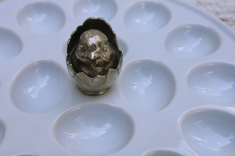 photo of Vagabond House white china egg plate w/ hatching chick metal center, serving tray for deviled eggs  #2