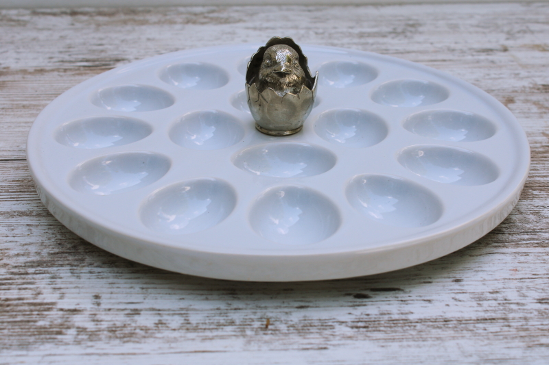 photo of Vagabond House white china egg plate w/ hatching chick metal center, serving tray for deviled eggs  #3