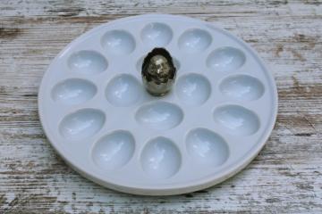 catalog photo of Vagabond House white china egg plate w/ hatching chick metal center, serving tray for deviled eggs 