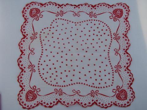 photo of Valentine hanky, vintage red and white hearts print cotton handkerchief #1