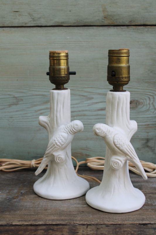 photo of Van Briggle pottery art deco vintage matte white ceramic parrot parakeet bird lamps pair #1