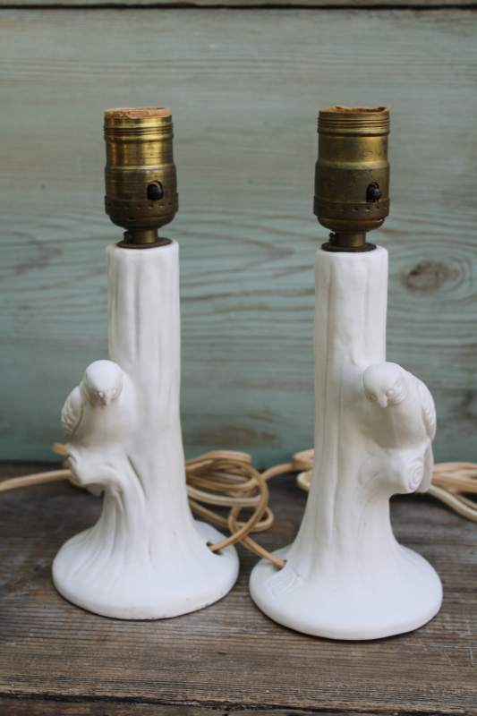 photo of Van Briggle pottery art deco vintage matte white ceramic parrot parakeet bird lamps pair  #2