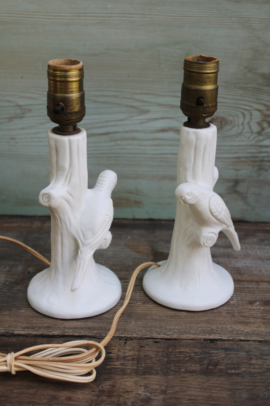 photo of Van Briggle pottery art deco vintage matte white ceramic parrot parakeet bird lamps pair  #6