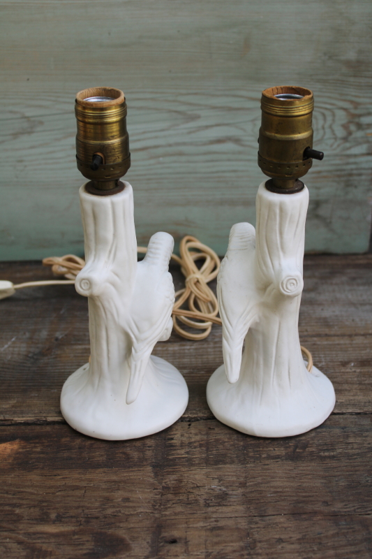 photo of Van Briggle pottery art deco vintage matte white ceramic parrot parakeet bird lamps pair  #8