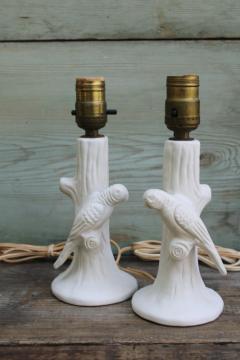 catalog photo of Van Briggle pottery art deco vintage matte white ceramic parrot parakeet bird lamps pair 