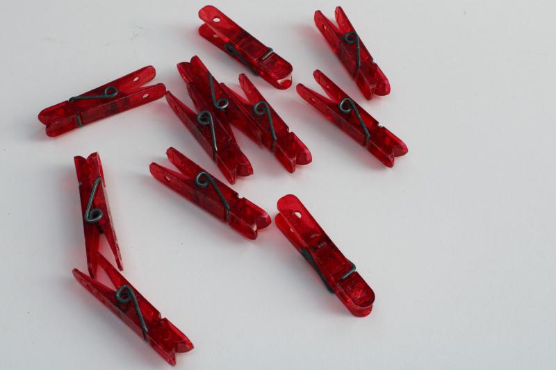 photo of Vermont plastic vintage red lucite clothespins, retro laundry or holiday decor #1