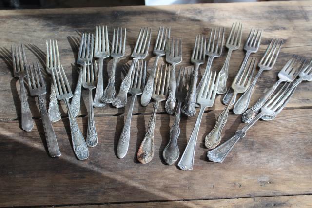 photo of Victorian / Edwardian vintage silver plate flatware, shabby antique forks different patterns #1