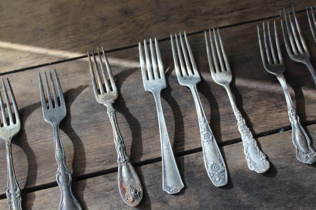 photo of Victorian / Edwardian vintage silver plate flatware, shabby antique forks different patterns #2