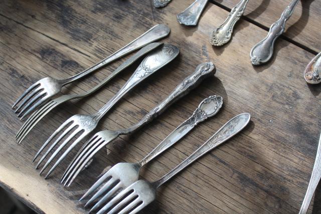 photo of Victorian / Edwardian vintage silver plate flatware, shabby antique forks different patterns #3