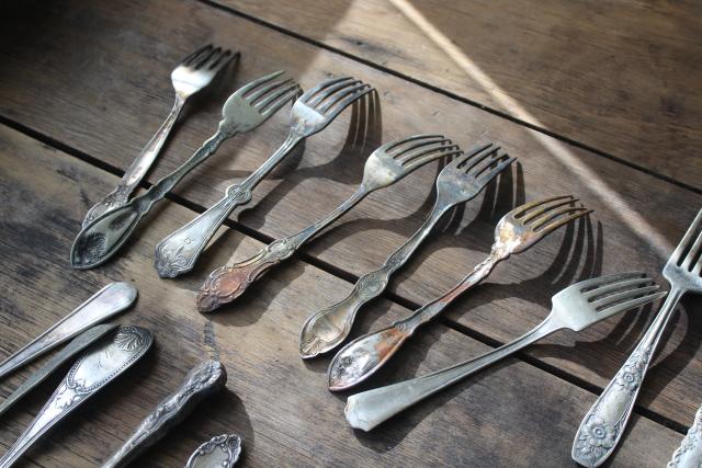 photo of Victorian / Edwardian vintage silver plate flatware, shabby antique forks different patterns #4