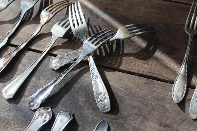 photo of Victorian / Edwardian vintage silver plate flatware, shabby antique forks different patterns #5