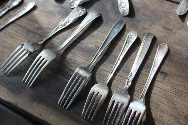 photo of Victorian / Edwardian vintage silver plate flatware, shabby antique forks different patterns #6