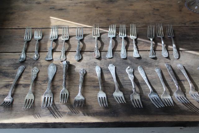 photo of Victorian / Edwardian vintage silver plate flatware, shabby antique forks different patterns #7