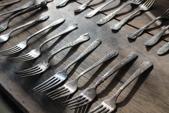 photo of Victorian / Edwardian vintage silver plate flatware, shabby antique forks different patterns #10