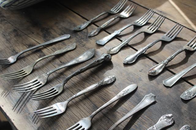 photo of Victorian / Edwardian vintage silver plate flatware, shabby antique forks different patterns #11