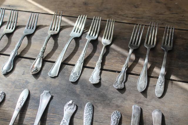 photo of Victorian / Edwardian vintage silver plate flatware, shabby antique forks different patterns #12