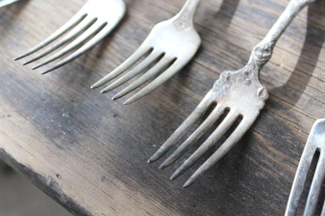 photo of Victorian / Edwardian vintage silver plate flatware, shabby antique forks different patterns #13