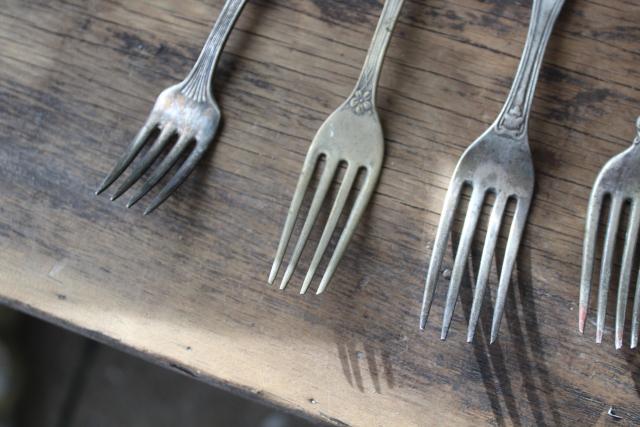 photo of Victorian / Edwardian vintage silver plate flatware, shabby antique forks different patterns #14