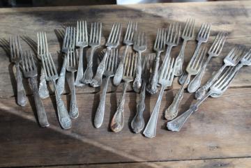 catalog photo of Victorian / Edwardian vintage silver plate flatware, shabby antique forks different patterns