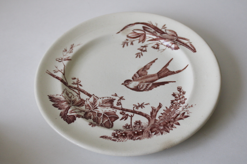 photo of Victorian aesthetic antique brown transferware plate, birds flying tree branches, beehive mark  #1