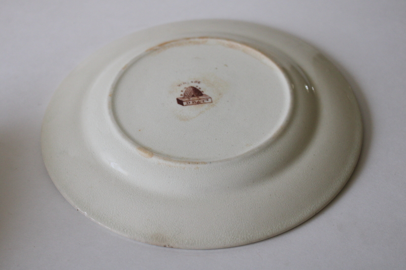 photo of Victorian aesthetic antique brown transferware plate, birds flying tree branches, beehive mark #4