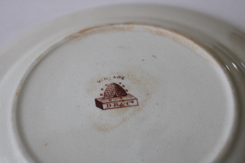 photo of Victorian aesthetic antique brown transferware plate, birds flying tree branches, beehive mark #5